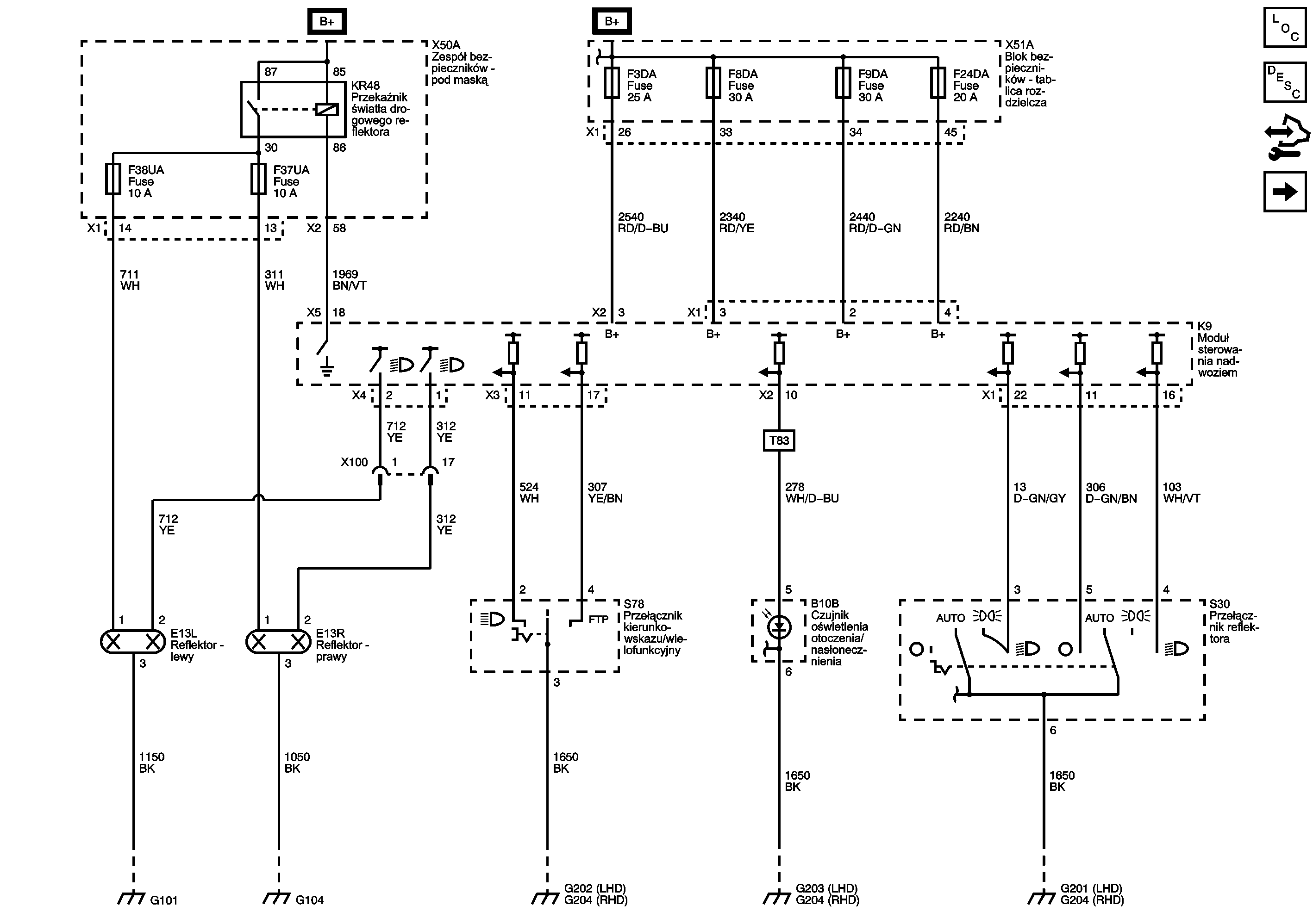 Schemat reflektorów świateł przednich świateł dziennych (DRL) cruse 2443427PL.png