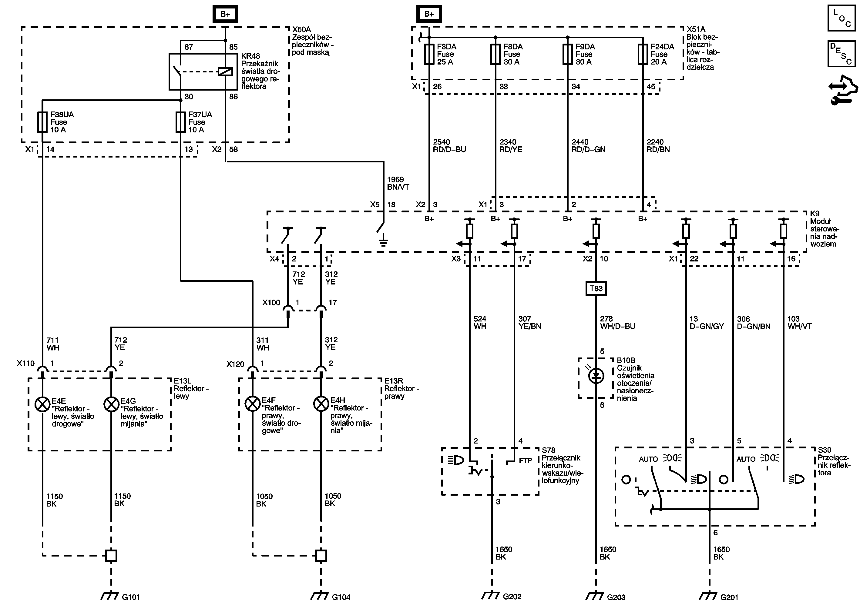 Schemat reflektorów świateł przednich świateł dziennych (DRL) orlando 2503561PL.png